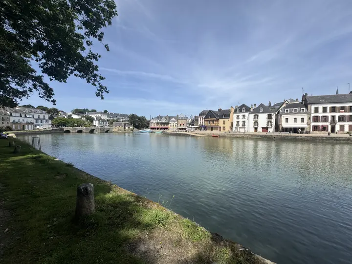 Zwischen belaubten Ästen fällt der Blick über das Wasser auf die Häuser am anderen Ufer.