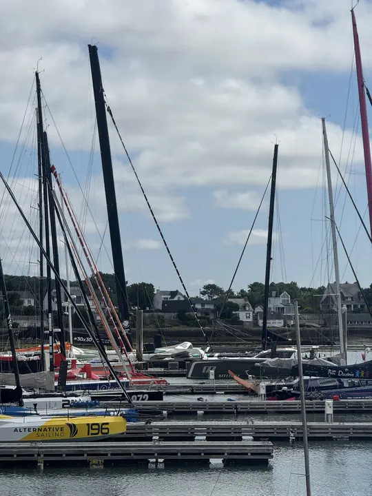 Dicht beieinander liegende Segelboote, deren hohe Masten sich vor dem Himmel abzeichnen.
