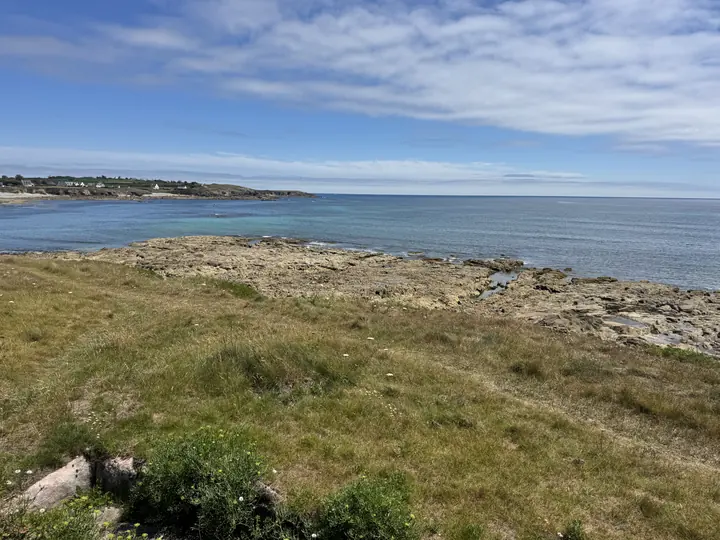 Eine grasbewachsene Küste mit Felsen fällt sanft zum Meer am weiten Horizont ab.